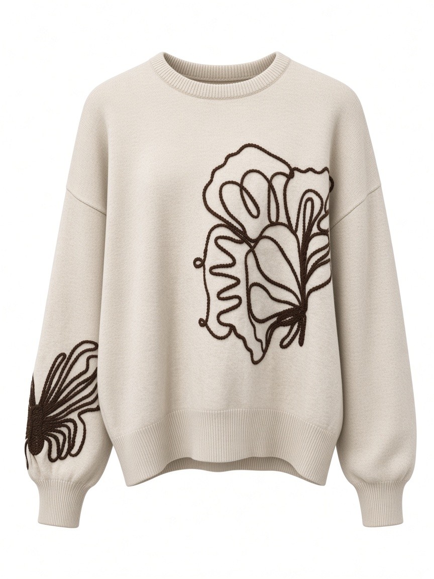 Dámsky pulóver s výšivkou kvetu a motýľa MINORITY BEIGE MELANGE Béžová s.WEAR 1